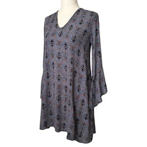 Lush Patterned Loose Fit Tunic Dress with Bell Sleeves - XS - Black, Blue, Pink